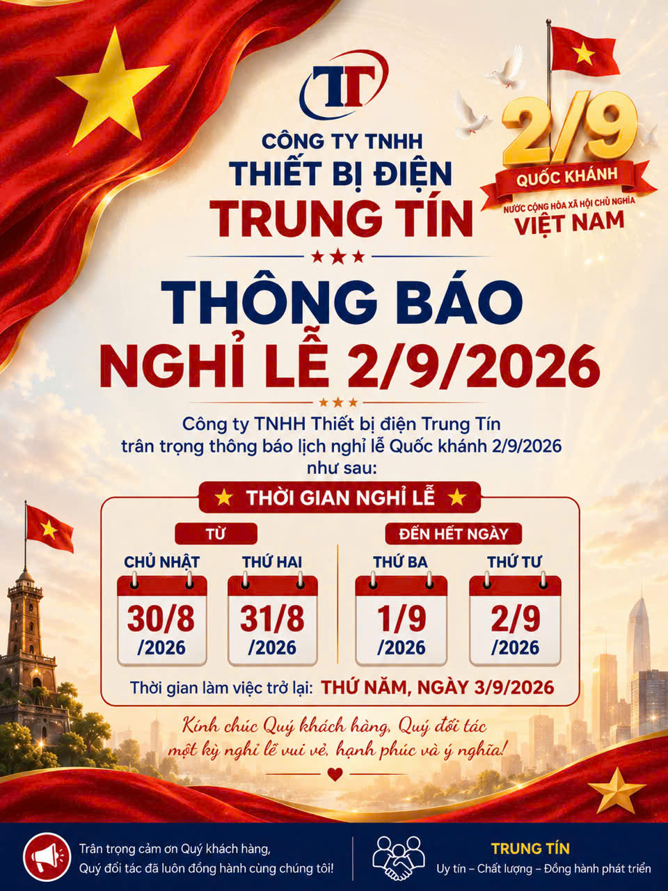 Công ty TNHH Thiết bị điện Trung tín thông báo nghỉ lễ Quốc khánh 2/9/2026